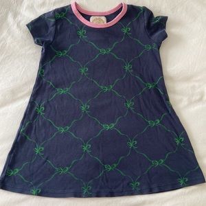 Size 4T TBBC Polly Play Dress, EUC. Navy with green ribbon pattern and pink trim